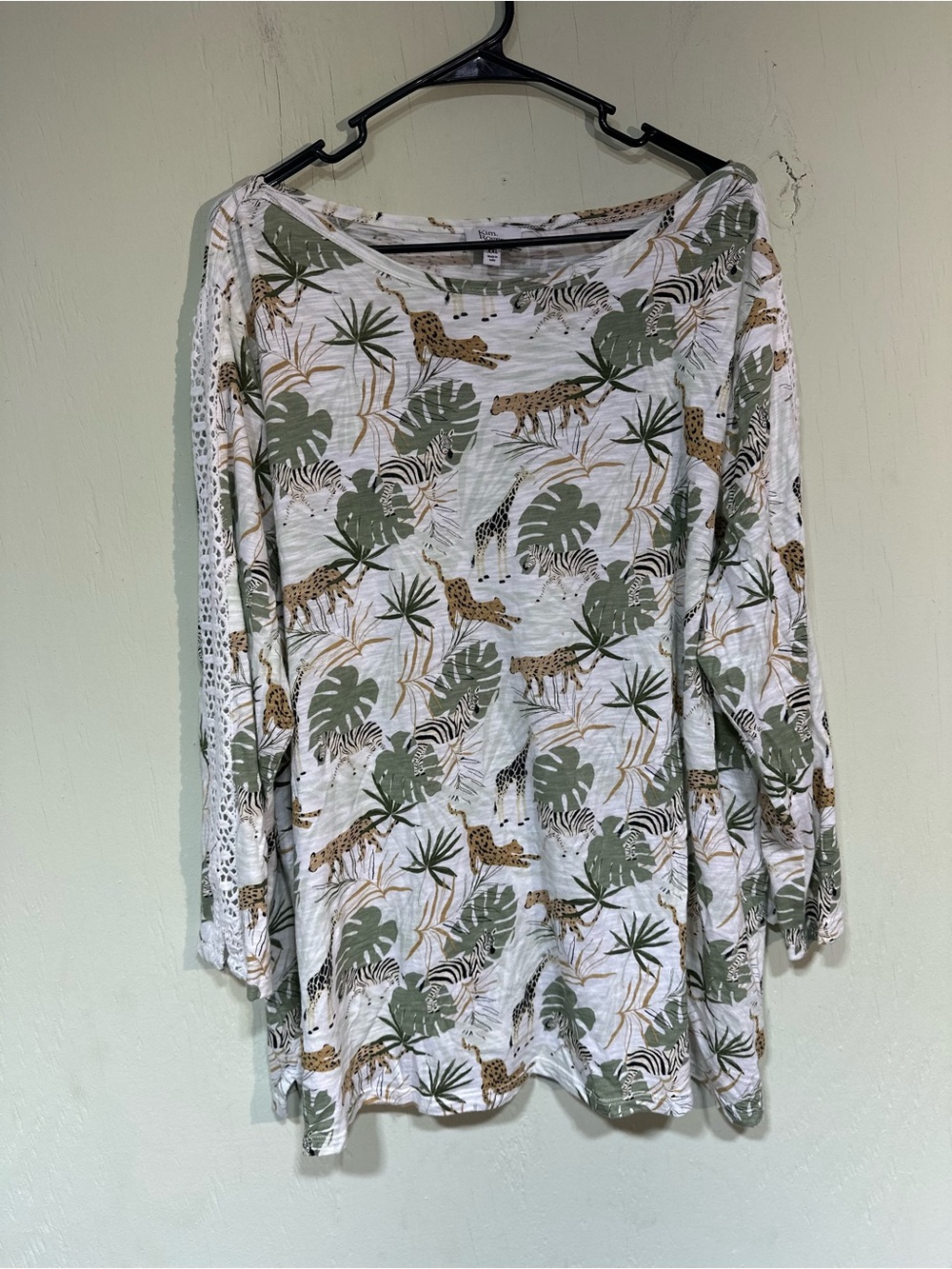 Kim Rogers jungle safari tropical leaf print 3/4 lace sleeve blouse top XXL 2x